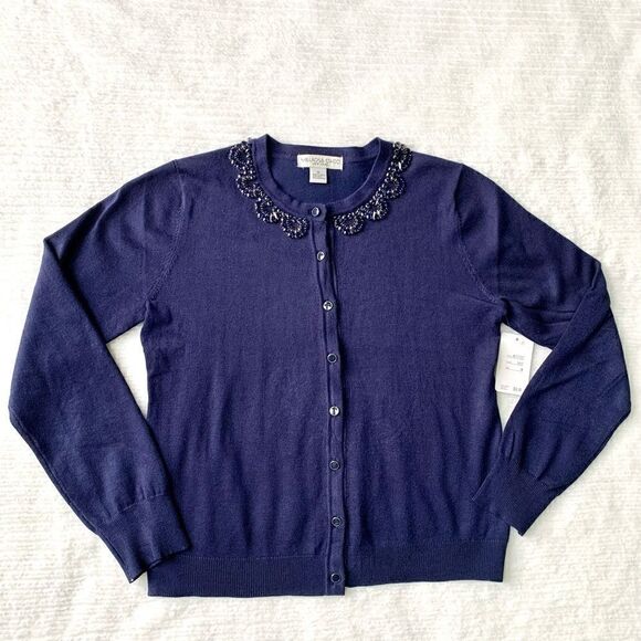New Ladies Beaded Crewneck Cardigan In Navy - Picture 1 of 14